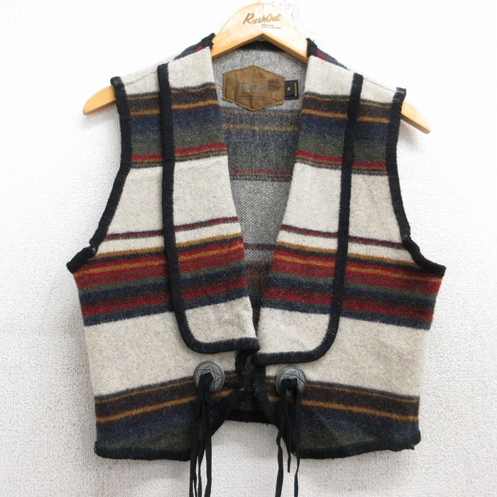 古着 ウールリッチ WOOLRICH ウール ベスト レディース 90年代 90s USA製 薄ベージュ他 カーキ ボーダー 25nov01 中古 アウター