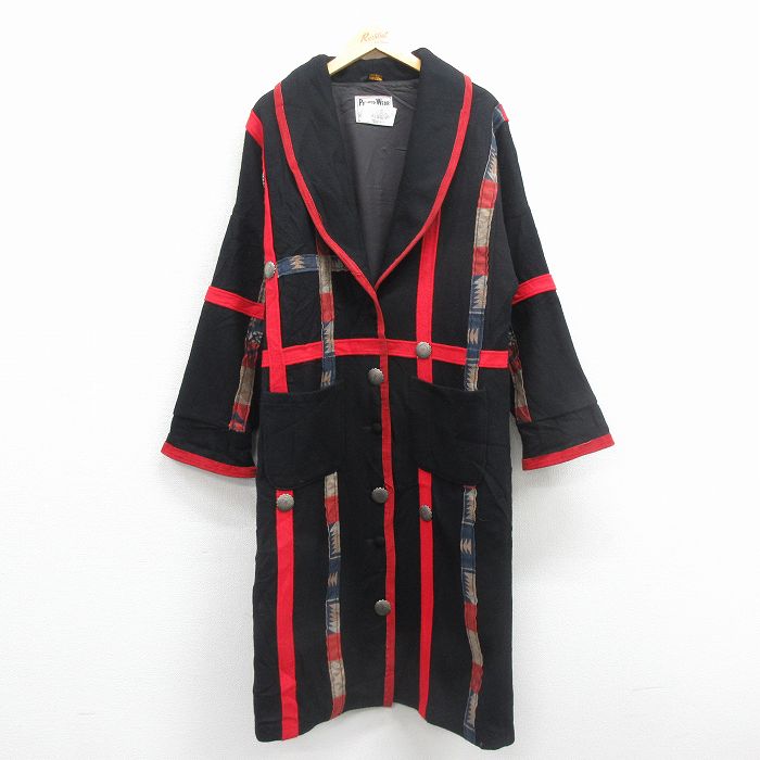 古着 パイオニア 長袖 ウール コート レディース 80年代 80s ロング丈 ショールカラー USA製 黒他【spe】 25dec08