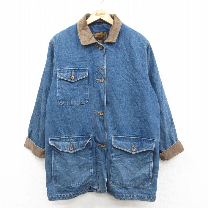 古着 エディーバウアー 長袖 カバーオール レディース 90年代 90s 大きいサイズ ロング丈 コットン 紺 デニム 内側ブランケット【spe】 25dec18
