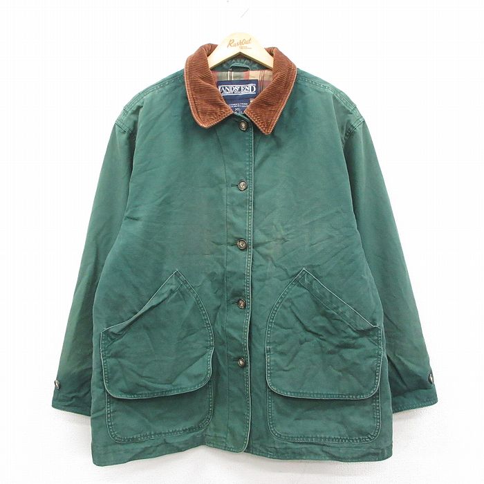 古着 ランズエンド 長袖 ハンティング ジャケット レディース 90年代 90s 襟コーデュロイ 大きいサイズ コットン 緑 内側フランネル 25dec18