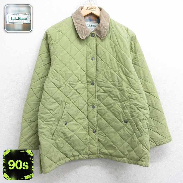 【50%OFF】古着 エルエルビーン 長袖 キルティング ジャケット レディース 90年代 90s 襟コーデュロイ 薄緑 内側フランネル 26jan16