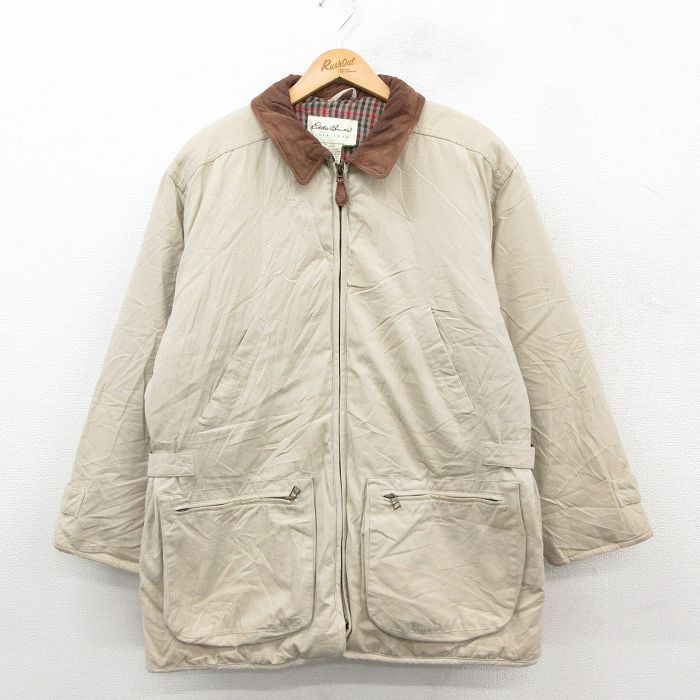 【20%OFF】古着 エディーバウアー 長袖 ダウン ジャケット コート レディース 00年代 00s ロング丈 襟レザー コットン ベージュ【spe】 26feb14