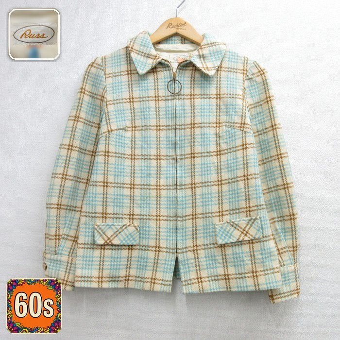 古着 Russ 長袖 ビンテージ レディース 60年代 60s ワンピ ウール フラップポケット チェック ベージュ 26sep03