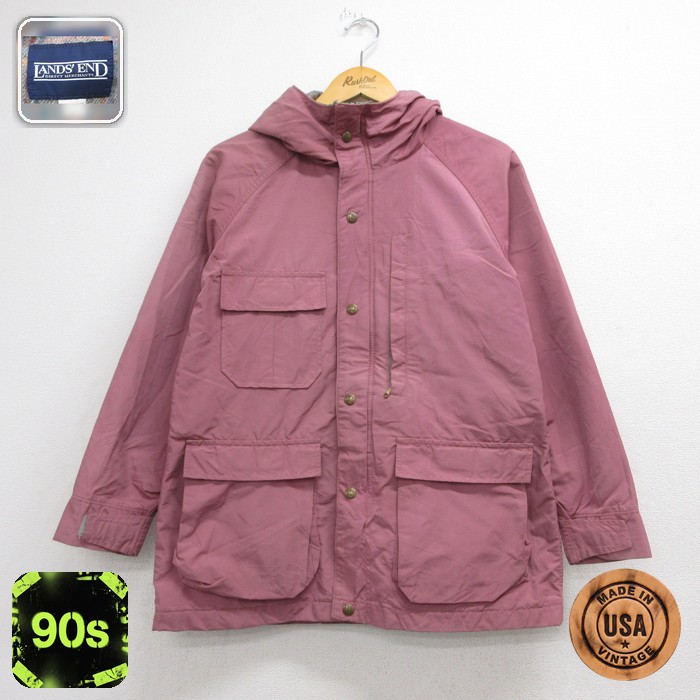古着 ランズエンド 長袖 パーカー レディース 90年代 90s ジャケット ラグラン フラップポケット YKKジップ USA製 ピンク 26sep15