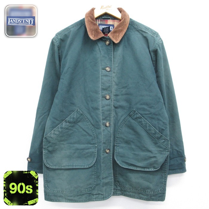 古着 LANDS'END ランズエンド 長袖 レディース 90年代 90s ハンティングジャケット カバーオール フラップポケット コットン グリーン チェック 26sep17
