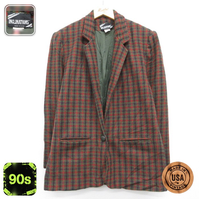 古着 INCLINATIONS 長袖 レディース 90年代 90s テーラード ジャケット ウール チェック USA製 カーキ 26sep28