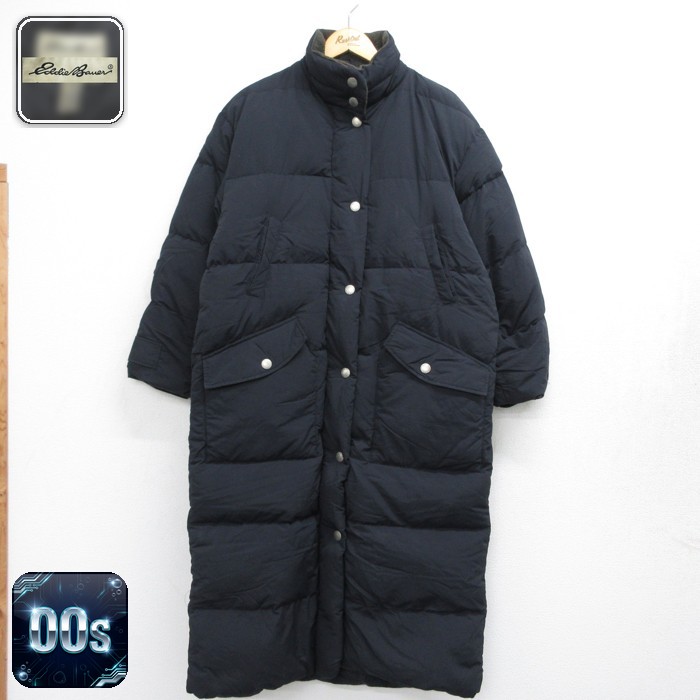 古着 Eddie Bauer エディーバウアー 長袖 ナイロン レディース 00年代 00s ダウン ジャケット 大きいサイズ ロング丈 フラップポケット ブラック【spe】 26sep29