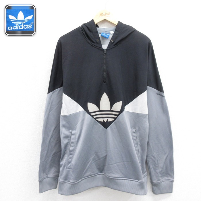 古着 アディダス adidas 長袖 ハーフジップ パーカー レディース ジャージ トレフォイル 切り替え グレー 26sep29