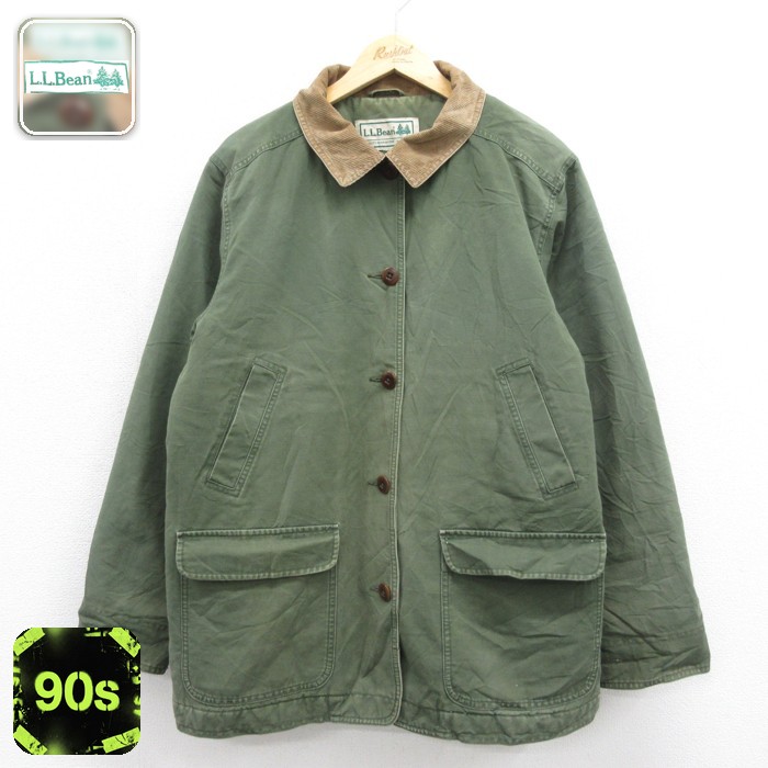 古着 L.L.Bean エルエルビーン 長袖 レディース 90年代 90s カバーオール ダック地 ハンティングジャケット キルティング フラップポケット コットン カーキ 26sep29