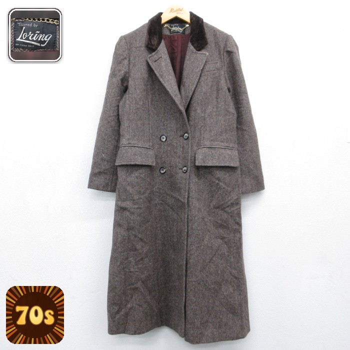 古着 Loring 長袖 レディース 70年代 70s コート ロング丈 ヘリンボーン ウール ベージュ 霜降り 26oct05
