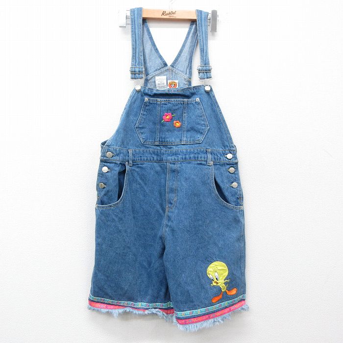 古着 オーバーオール レディース 90年代 90s ルーニーテューンズ LOONEY TUNES トゥイーティー 花 刺繍 コットン 紺 ネイビー デニム 【spe】 25jun27 中古 ボトムス