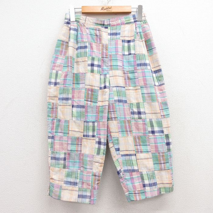 【20%OFF】古着 ジェイクルー J.CREW 7分丈 イージー パンツ レディース 90年代 90s パッチワーク コットン USA製 薄緑他 グリーン チェック 【spe】 25jun27 中古 ボトムス