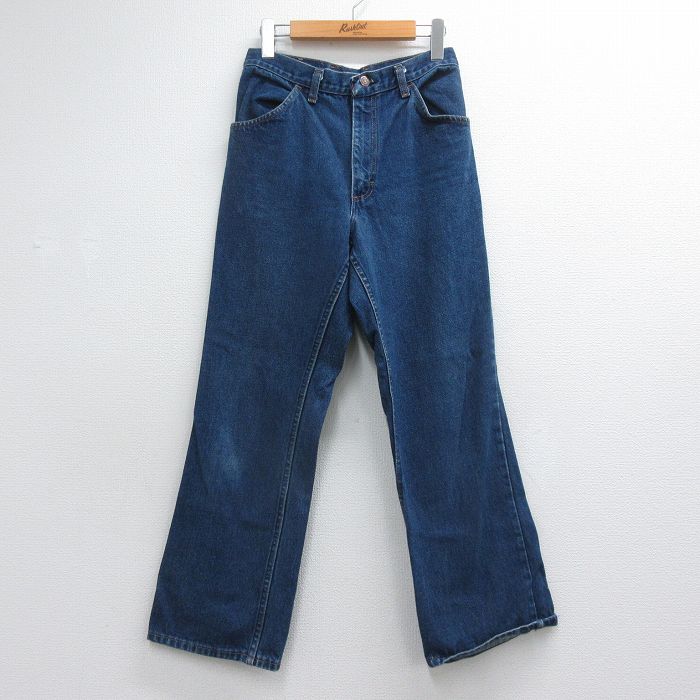 古着 ローバックス パンツ レディース 90年代 90s フレア ブーツカット コットン USA製 ネイビー デニム 26jul14