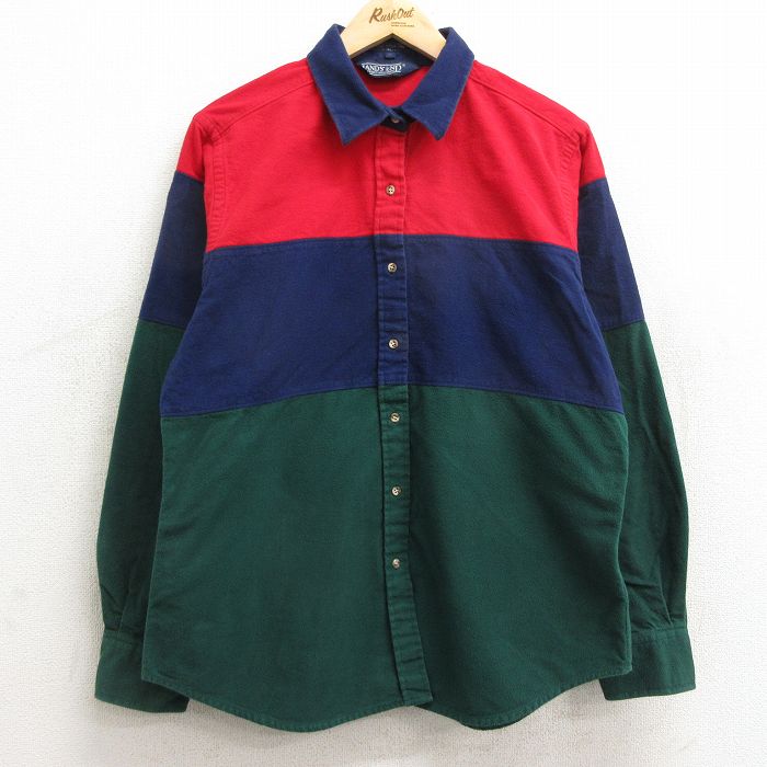 【50%OFF】古着 ランズエンド 長袖 フランネル シャツ レディース 90年代 90s マルチカラー コットン 紺他 ネイビー 【spe】 24jan17 中古 ブラウス トップス