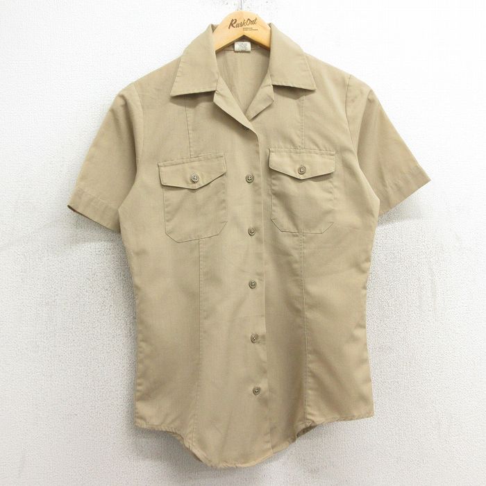 古着 半袖 ワーク シャツ レディース 80年代 80s 開襟 オープンカラー USA製 ベージュ カーキ 24may30 中古 ブラウス トップス