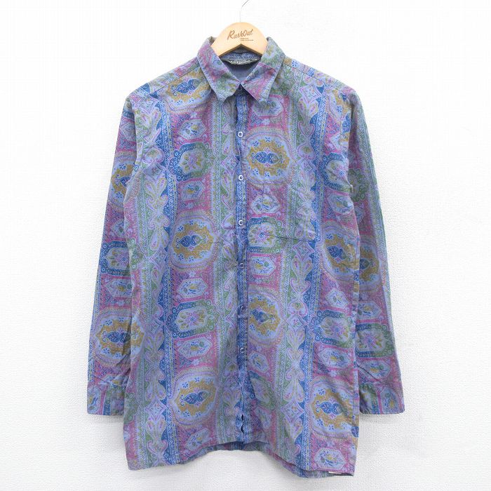 【50%OFF】古着 ルティグレ 長袖 シャツ レディース 80年代 80s 総柄 コットン USA製 薄紺他 ネイビー 25jan15 中古 ブラウス トップス