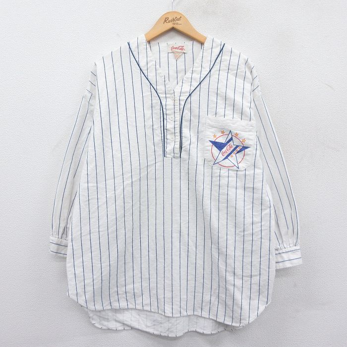 【50%OFF】古着 長袖 フランネル トップス レディース 00年代 00s コカコーラ 大きいサイズ コットン 白他 ホワイト ストライプ 25jan15 中古