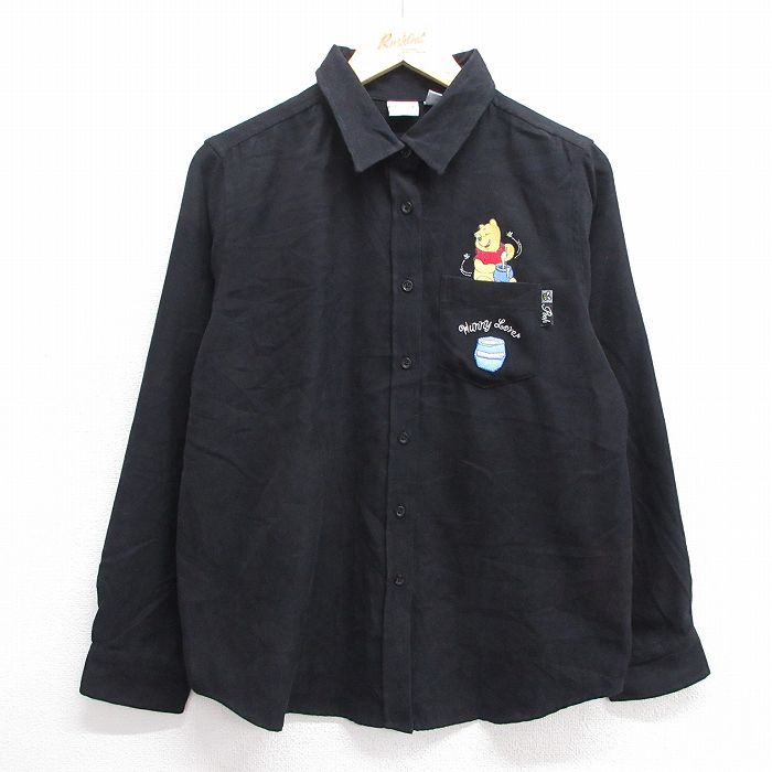 【50%OFF】古着 長袖 シャツ レディース ディズニー DISNEY くまのプーさん 黒 ブラック 25jan29 中古 ブラウス トップス