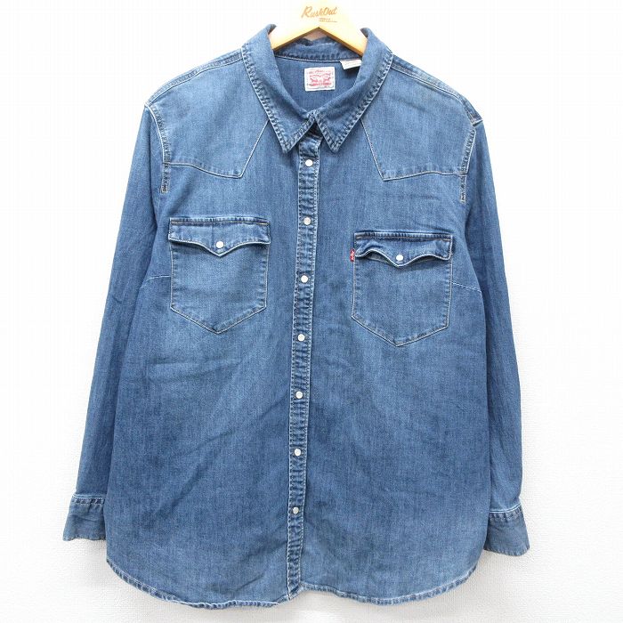 古着 リーバイス Levis 長袖 ウエスタン シャツ レディース 大きいサイズ 紺 ネイビー デニム 25mar07 中古 ブラウス トップス