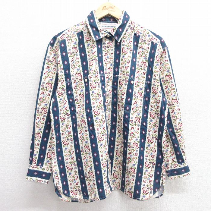 古着 長袖 ウエスタン シャツ レディース 花柄 コットン 紺他 ネイビー ストライプ 25mar27 中古 ブラウス トップス