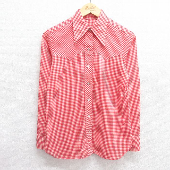 古着 長袖 ウエスタン シャツ レディース 70年代 70s 赤他 レッド ギンガム チェック 25mar27 中古 ブラウス トップス
