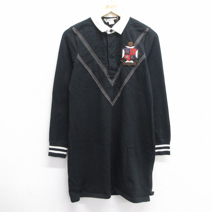 古着 ラルフローレン Ralph Lauren ラグビー 長袖 ラガー シャツ ワンピース レディース ワンポイントロゴ ロング丈 コットン 黒 ブラック 【spe】 25mar27 中古 ブラウス トップス