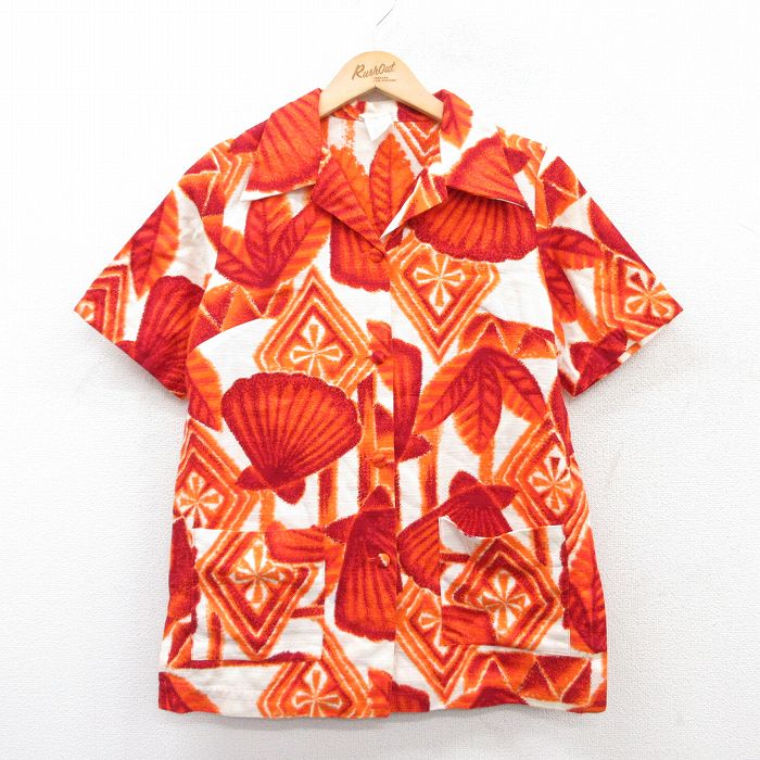【50%OFF】古着 リバティハウス 半袖 ハワイアン シャツ レディース 80年代 80s 貝 葉　総柄 コットン 開襟 オープンカラー オレンジ他 【spe】 25may09 中古 アロハ トップス