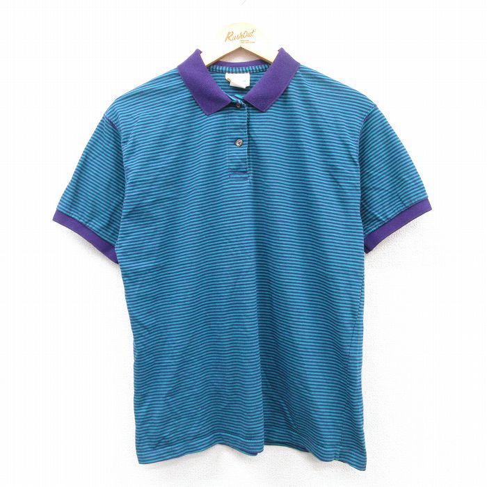 古着 エルエルビーン LLBEAN 半袖 ポロ シャツ レディース 90年代 90s コットン USA製 緑他 グリーン ボーダー 25may09 中古 ブラウス トップス