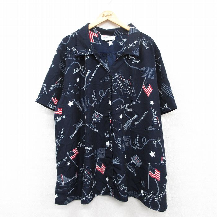 古着 半袖 シャツ レディース 90年代 90s 星条旗 自由の女神 総柄 大きいサイズ ロング丈 開襟 オープンカラー USA製 紺他 ネイビー 25may09 中古 ブラウス トップス