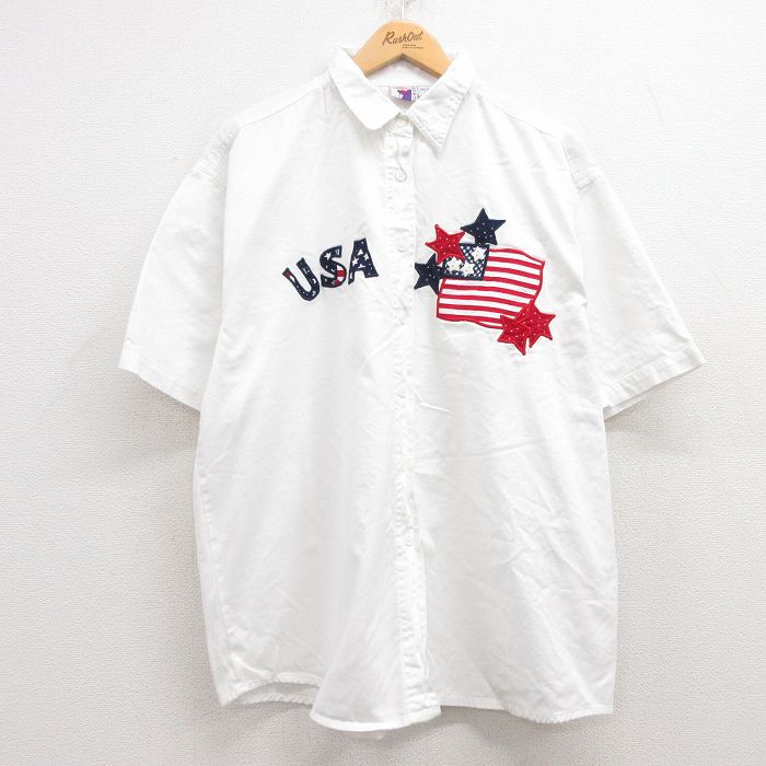 【50%OFF】古着 半袖 シャツ レディース 00年代 00s USAロゴ 星条旗 刺繍 大きいサイズ コットン 白 ホワイト 25jun27 中古 ブラウス トップス
