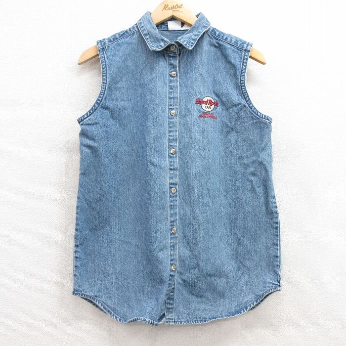 古着 ノースリーブ シャツ レディース 00年代 00s ハードロックカフェ フィリピン 紺 ネイビー デニム 25jun27 中古 ブラウス トップス
