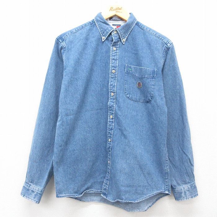 古着 トミーヒルフィガー TOMMY HILFIGER 長袖 ブランド シャツ レディース 90年代 90s ワンポイントロゴ コットン ボタンダウン 紺 ネイビー デニム 25jun27 中古 ブラウス トップス