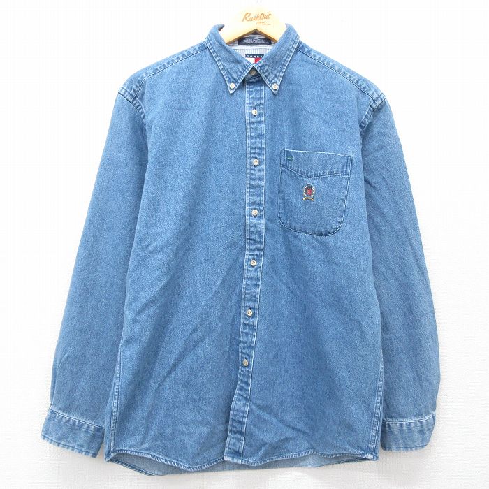 古着 トミーヒルフィガー TOMMY HILFIGER 長袖 ブランド シャツ レディース 90年代 90s ワンポイントロゴ コットン ボタンダウン 紺 ネイビー デニム 25jun27 中古 ブラウス トップス