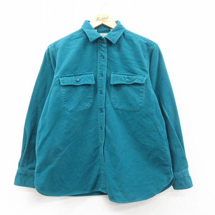 古着 エルエルビーン 長袖 ヘビー フランネル シャツ レディース 80年代 80s シャモアクロス コットン USA製 青緑 26feb09