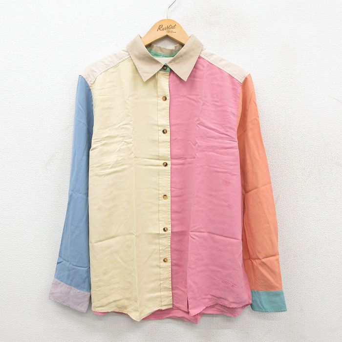 古着 オービス 長袖 シャツ レディース 00年代 00s ワンポイントロゴ マルチカラー クレイジーパターン シルク ピンク他 26feb09