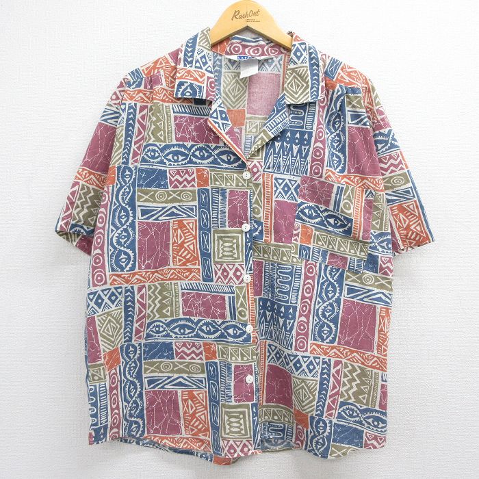 古着 半袖 シャツ レディース 80年代 80s 総柄 大きいサイズ 開襟 オープンカラー  USA製 ネイビー他 26may15
