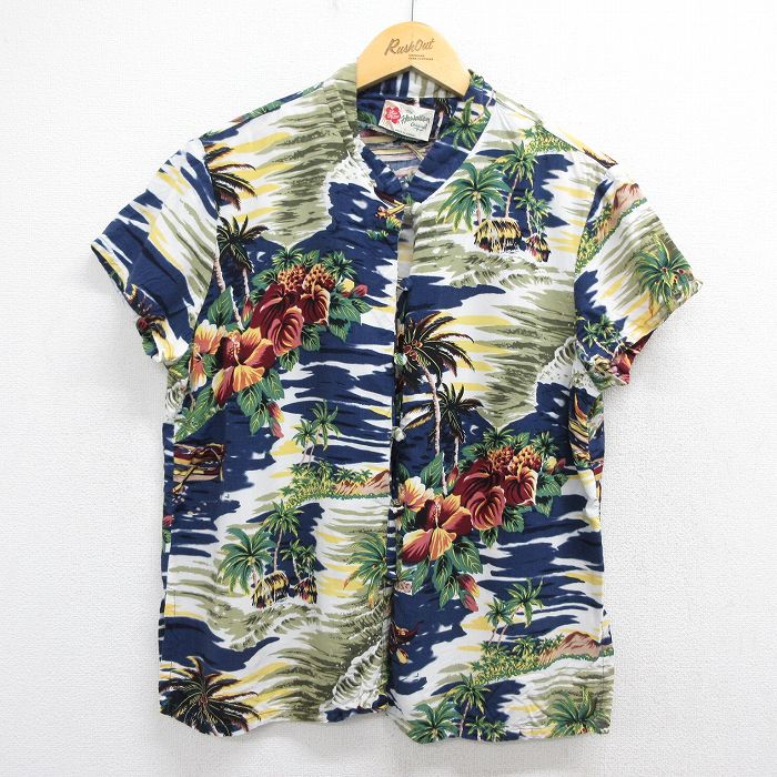古着 半袖 ハワイアン シャツ レディース ヤシの木 レーヨン ノーカラー ハワイ製 ネイビー 26may15