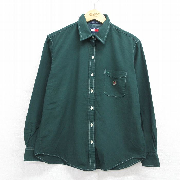 古着 トミーヒルフィガー トミージーンズ 長袖 ブランド シャツ レディース 90年代 90s ワンポイントロゴ コットン グリーン 26may15
