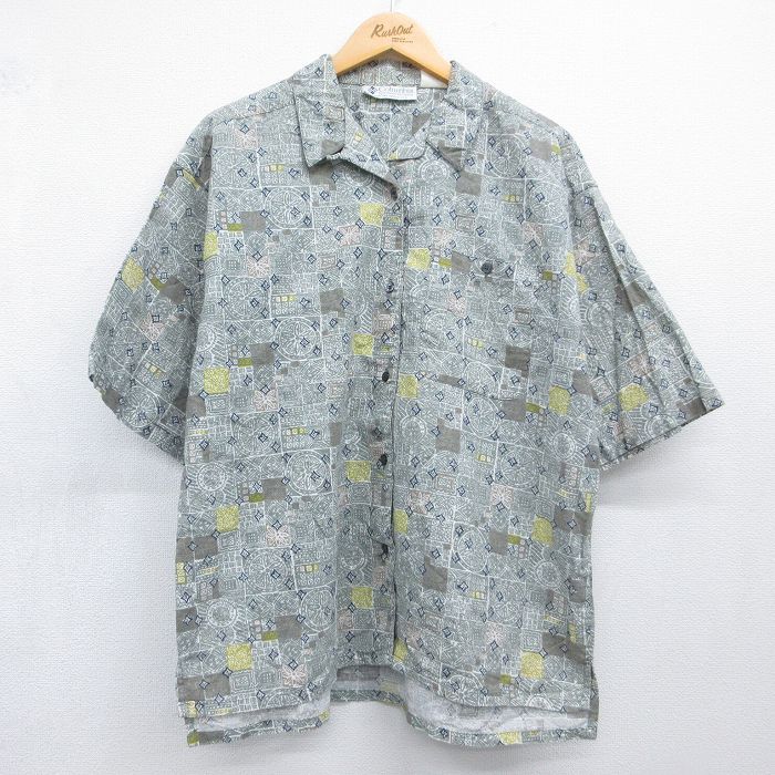 古着 コロンビア 半袖 シャツ レディース 90年代 90s 総柄 大きいサイズ リネン 開襟 オープンカラー グレー 26jun11