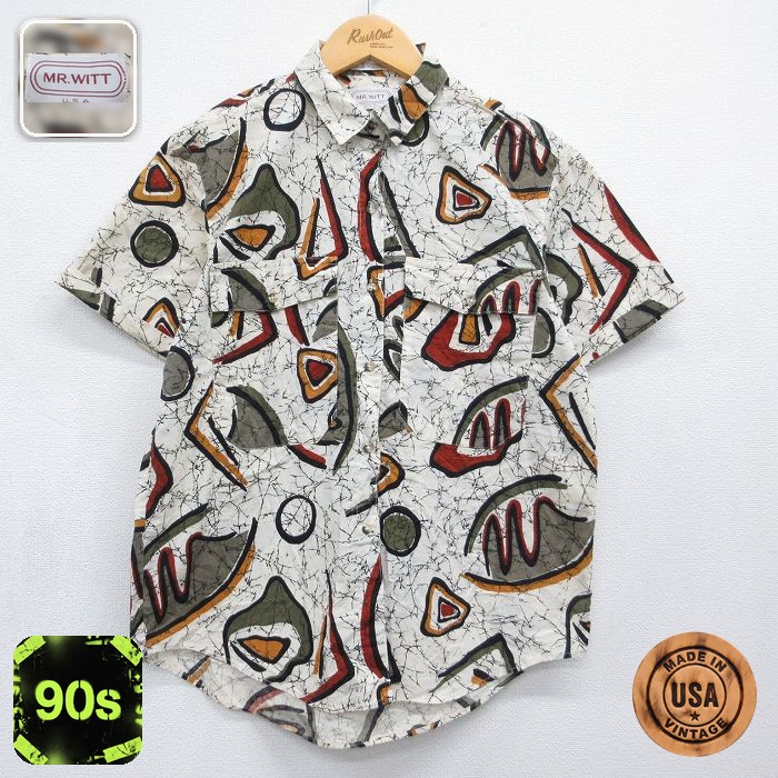 【20%OFF】古着 半袖 シャツ レディース 90年代 90s 総柄 コットン USA製 ベージュ 26jun11
