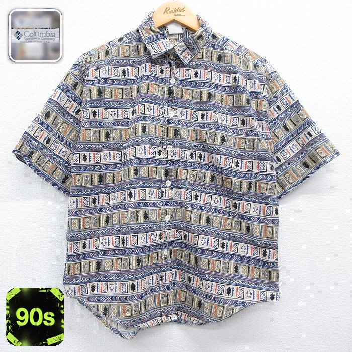【20%OFF】古着 コロンビア 半袖 シャツ レディース 90年代 90s 総柄 ネイビー 26jun11