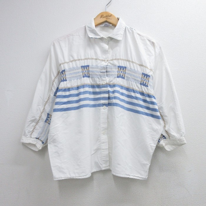 古着 長袖 シャツ メンズ 80年代 80s コットン ホワイト ボーダー 26sep03
