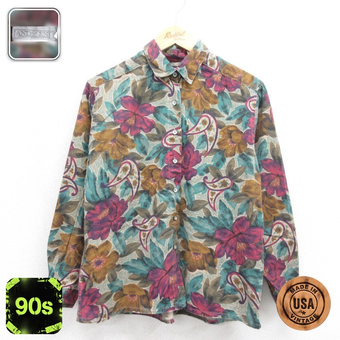 古着 LANDS'END ランズエンド 長袖 シャツ レディース 90年代 90s ペイズリー コットン 総柄 USA製 ブラウン 26sep29