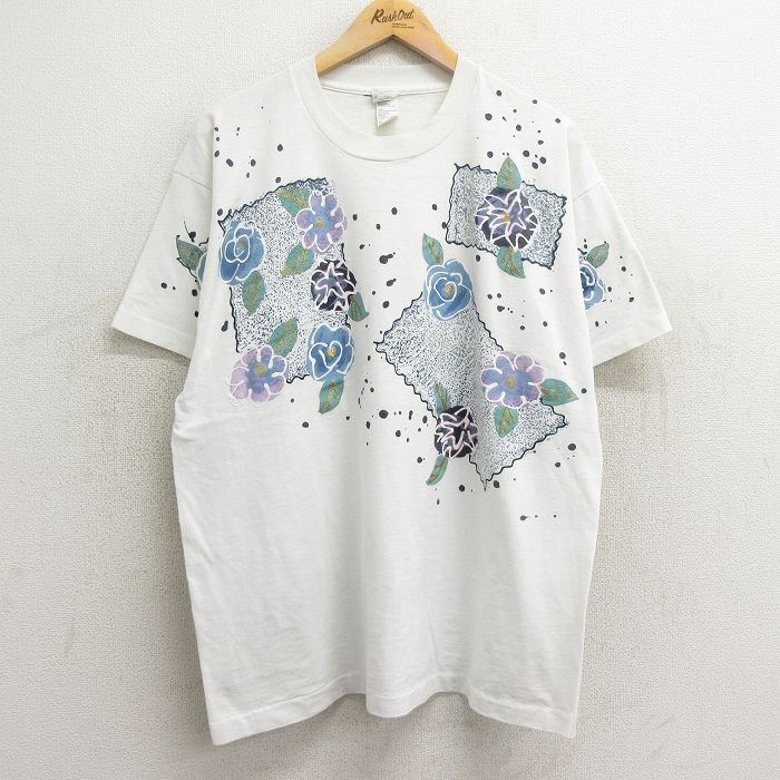 【50%OFF】古着 半袖 ビンテージ Tシャツ レディース 90年代 90s 花 ハンドペイント 大きいサイズ クルーネック USA製 白 ホワイト 24mar16 中古