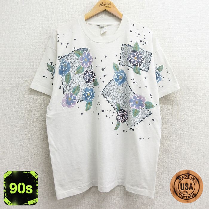 【50%OFF】古着 半袖 ビンテージ Tシャツ レディース 90年代 90s 花 ハンドペイント 大きいサイズ クルーネック USA製 白 ホワイト 24mar16 中古