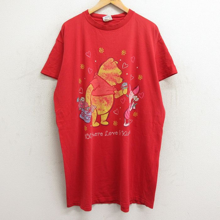 【50%OFF】古着 半袖 ビンテージ Tシャツ ワンピース レディース 00年代 00s ディズニー DISNEY くまのプーさん ピグレット 大きいサイズ ロング丈 コットン クルーネック 赤 レッド 24apr15 中古