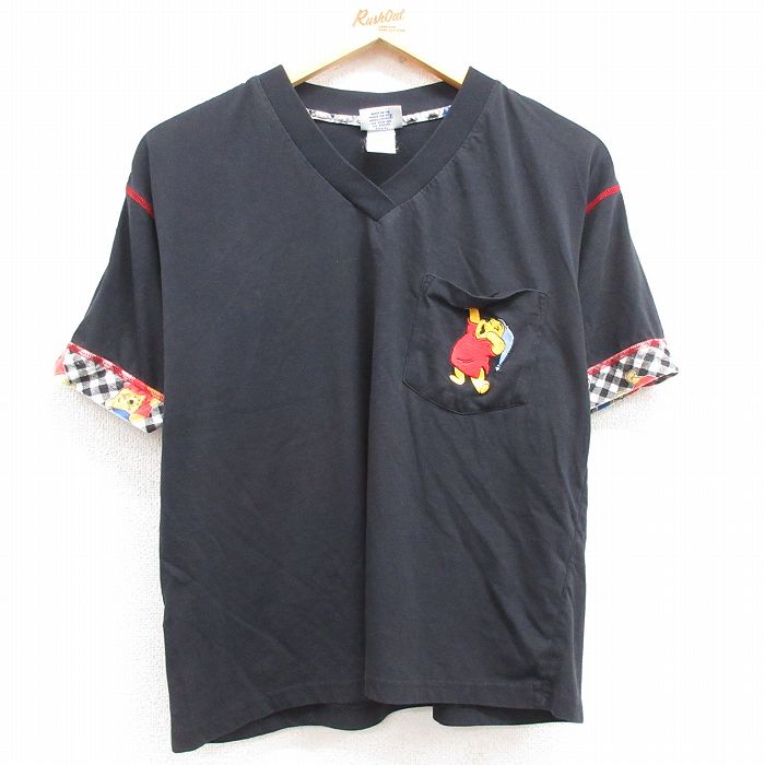 古着 半袖 ビンテージ Tシャツ レディース 00年代 00s ディズニー DISNEY くまのプーさん 胸ポケット付き Vネック 黒 ブラック 24jun03 中古