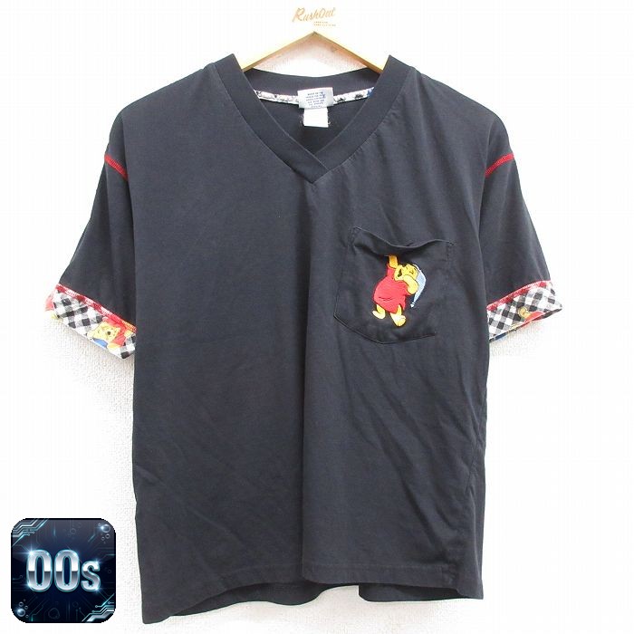 古着 半袖 ビンテージ Tシャツ レディース 00年代 00s ディズニー DISNEY くまのプーさん 胸ポケット付き Vネック 黒 ブラック 24jun03 中古