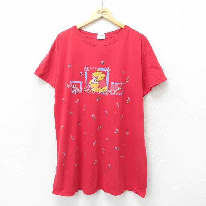 【50%OFF】古着 半袖 ビンテージ Tシャツ ワンピース レディース 00年代 00s ディズニー DISNEY くまのプーさん 大きいサイズ ロング丈 コットン クルーネック 赤 レッド 24jul05 中古