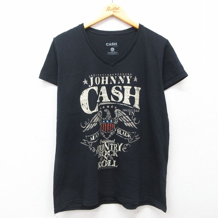 古着 半袖 ロック バンド Tシャツ レディース ジョニーキャッシュ コットン Vネック 黒 ブラック 25may08 中古